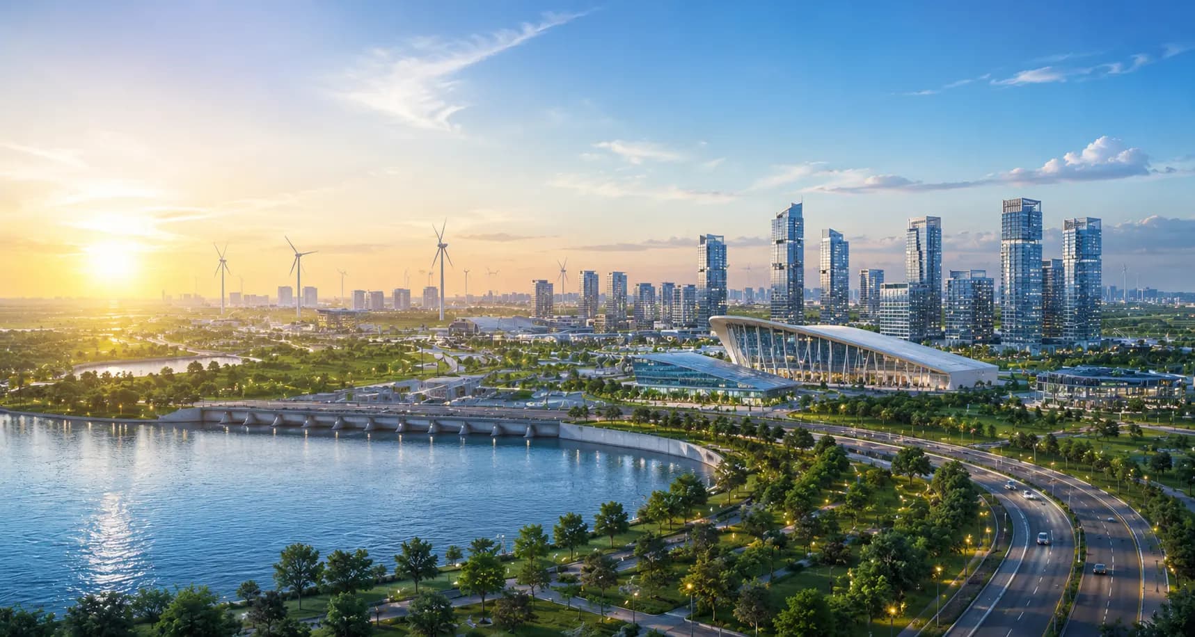 Aerial skyline view of the development region with high-rise towers, parkland, and waterfront at sunset